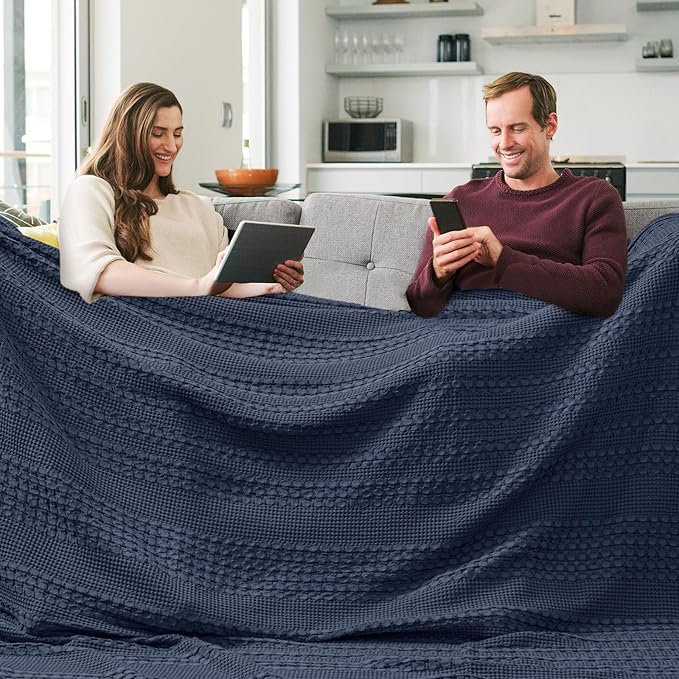 PHF 100% Cotton Waffle Blanket Oversized King 120"x120", Lightweight Breathable Extra Large 10'x10' Summer Blankets for Bed, Giant Big Luxury Aesthetic Woven Bedding for Home Decor, Dark Navy