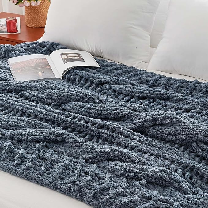 Esterra Chunky Knit Blanket Throw 50"x60", 100% Hand Knitted Chenille Throw Blanket, Cozy Soft Thick Cable Knit Throw Large Rope Knot Crochet Throw Blanket for Sofa Couch Bed, Blue Mirage