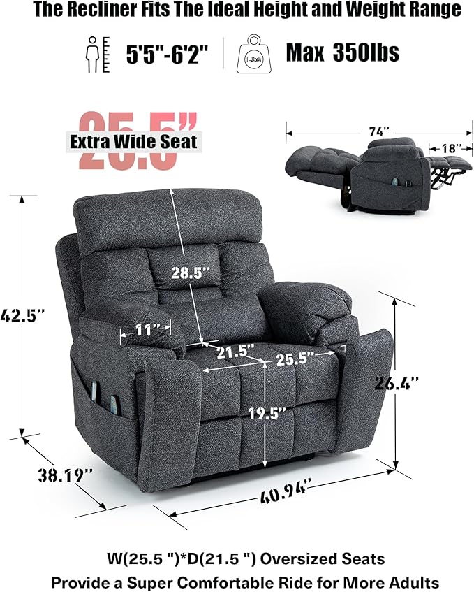 Power Lift Chair Recliners for Elderly with Heated and Massage, 4 Motor Headrest, Lumbar Independent Adjustment Power Lift Recliner with Hidden Cup Holder、Side Pocket、Back Pillow