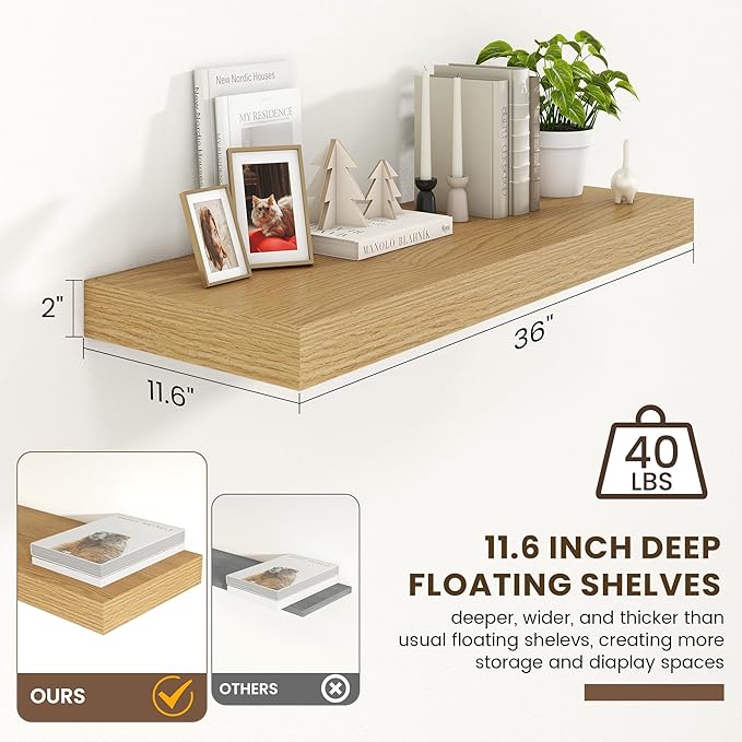 Deep Floating Shelves for Wall | 36 Inch Wide x 12 Inch Deep Floating Shelves | 36W x 12D Rustic Oak Wide Wall Shelves | Bookshelf Laundry Shelf TV Shelf