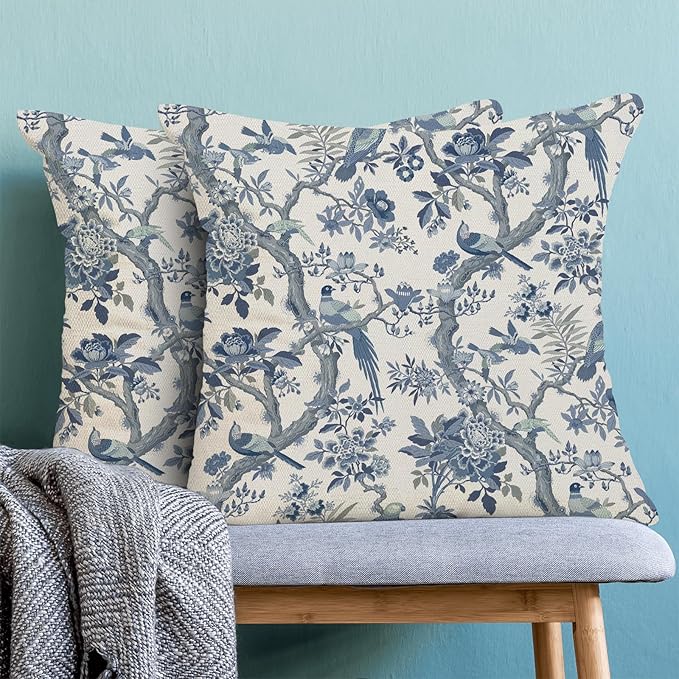 CXMEIFLY Spring Pillow Covers 18 x 18 Inch Set of 2 for Navy Blue Chinoiserie Flowers Bird Decor Throw Pillows Vintage Floral Plant Outdoor Decorative Cushion Cases for Couch Bed Decorations