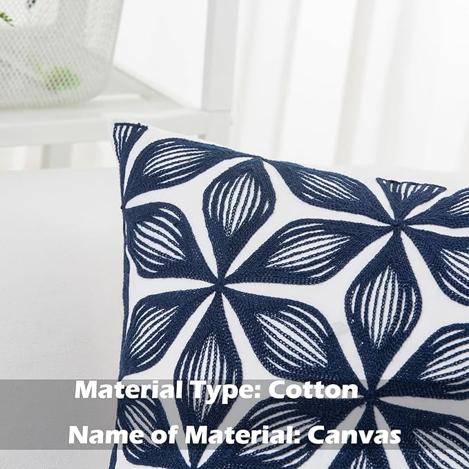 HWY 50 Navy Blue Decorative Throw Pillow Covers 18x18 Inch (1 Piece), Embroidered Cotton Farmhouse Cushion Cover Pillow Case for Sofa Couch Living Room Bed, Fashion Geometric