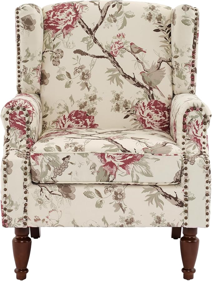 UIXE High Back Floral Accent Chairs Set of 2, Fabric Upholstered Armchair for Living Room, Retro Wingback Arm Chair with Solid Wood Leg, Nailhead Trim Single Sofa Bedroom Reading Seat - Beige