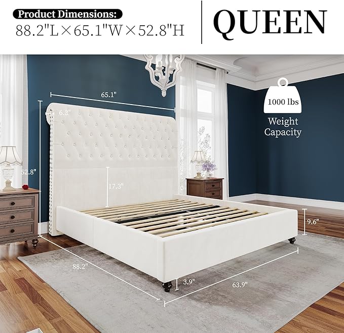 PaPaJet Bed Frame Queen Size Upholstered Platform Bed with 52.8'' Tall Sleigh Headboard, Button Tufted, No Box Spring Needed, Easy Assembly, Cream