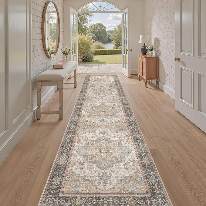 Washable 2.6x12 Runner Rug - Area Rugs Neutral Vintage Distressed Floral Farmhouse Boho Large Soft Floor Rug Indoor Carpet for Hallway Entryway Kitchen Home - Forest Green Orange