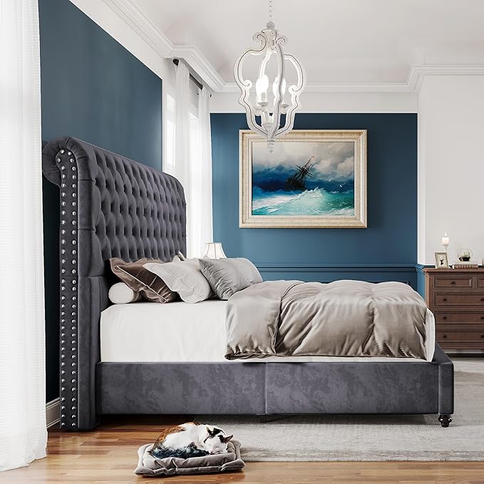 PaPaJet King Size Bed Frame and Headboard Upholstered Bed Frame King with 52.8” Tall Headboard/Dark Grey