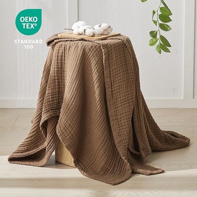 EMME Cotton Muslin Large Throw Blanket Couch Breathable Gauze Blanket Soft Lightweight Bed Blankets Adults (Brown, 50"x70")