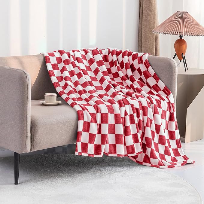 LOMAO Throw Blankets Flannel Blanket with Checkerboard Grid Pattern Soft Throw Blanket for Couch, Bed, Sofa Luxurious Warm and Cozy for All Seasons (Red, 50"x60")