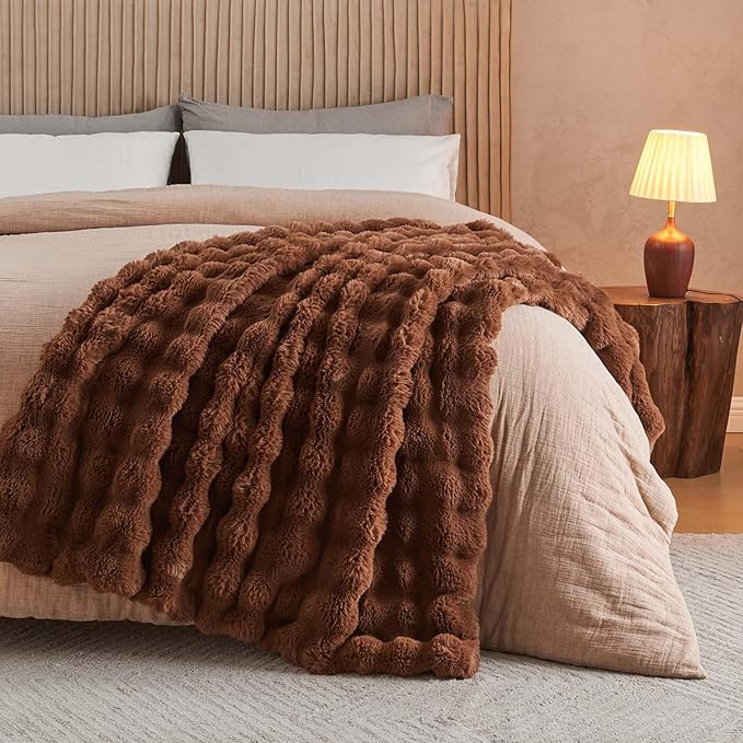 Lotus Karen Faux Fur Throw Blanket Dark Coffee - Big Bubble Rabbit Fluff Blanket for Couch Bed Sofa,Softest Fluffy Fuzzy Cozy Blanket,Thick Furry Plush Shaggy Warm Blankets for Women,60x80 Inches