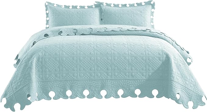 MarCielo 3-Piece 100% Cotton Oversized Bedspread Lightweight Quilt Coverlet Embroidery Farmhouse Bedding Set (TW Mint Green Blue, Oversized King (118"x106"))