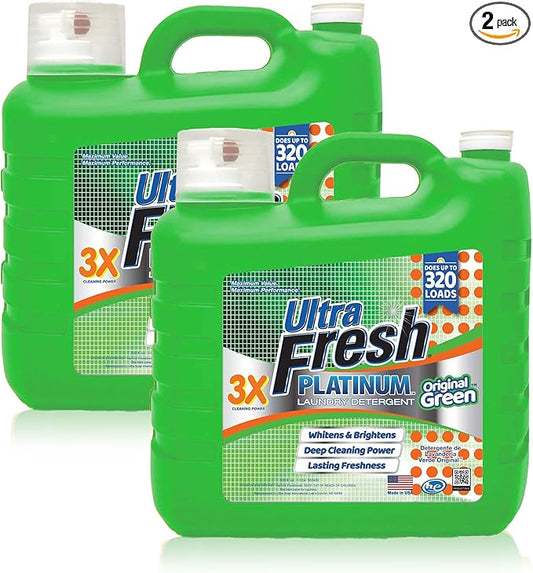 Ultra Fresh 2 Pack 3X Platinum Liquid Laundry Detergent up to 320 Loads, Original Green - Deep Cleaning Power and Fresh Scent for Washing Clothes
