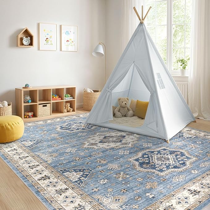 Washable Area Rugs for Living Room -9x12 Neutral Vintage Distressed Floral Farmhouse Boho Large Soft Floor Rug Indoor Non Slip Carpet for Living Room Bedroom Dining Room Office - Blue