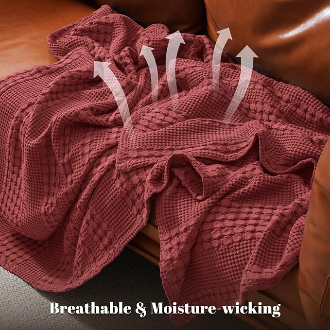 PHF 100% Cotton Waffle Weave Blanket Queen Size, Soft Lightweight Breathable Cozy Summer Blankets for Bed, Luxury Aesthetic Woven Bedding for Home Decor, 90"x90", Wine Red