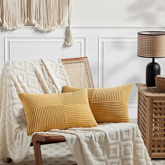 Fancy Homi 2 Packs Gold Yellow Lumbar Decorative Throw Pillow Covers 14x24 Inch for Couch Bed Sofa, Rustic Farmhouse Boho Spring Home Decor, Soft Striped Corduroy Rectangle Accent Cushion Case 35x60cm