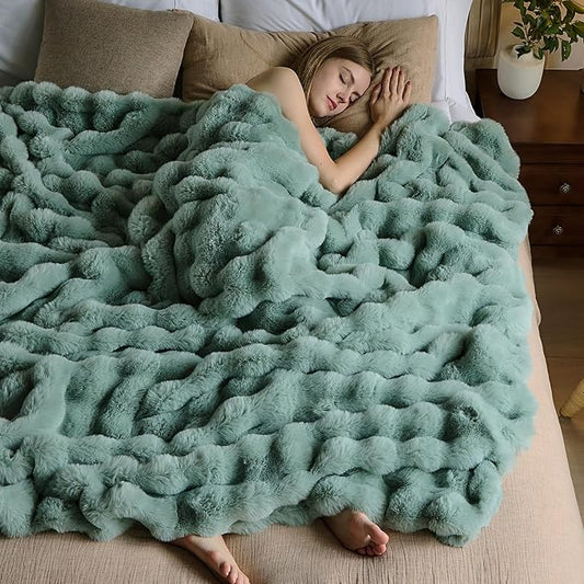 Lotus Karen Faux Fur Throw Blanket Sage Green - Big Bubble Rabbit Fluff Blanket for Couch Bed Sofa,Softest Fluffy Fuzzy Cozy Blanket,Plush Thick Furry Shaggy Warm Blankets for Women,90x90 Inches