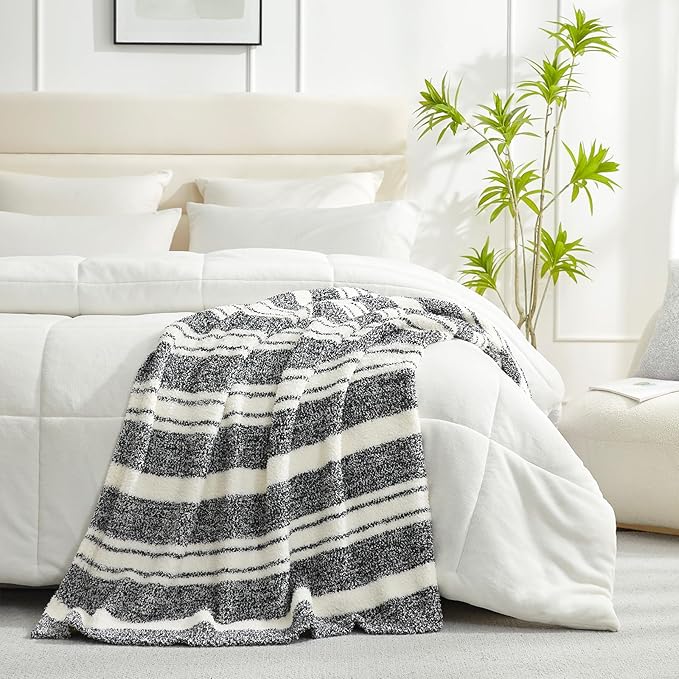 Snuggle Sac Stripe Black Throw Blanket for Couch, Reversible Super Soft Warm Blankets Cozy Knit Fuzzy Plush Lightweight Throws for Sofa, Bed, Stripe Black, 50x60 inches