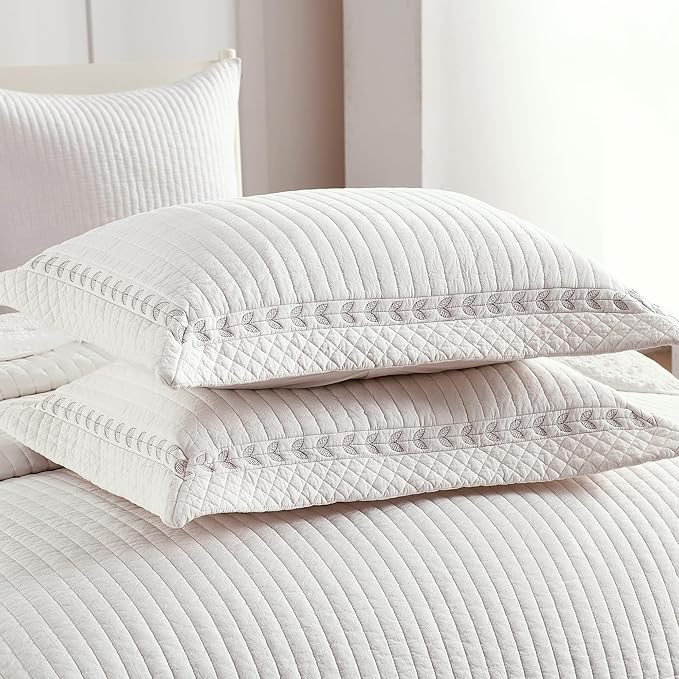 MarCielo 100% Cotton Quilt Set White Lightweight Bedspread with Scalloped Edge, Farmhouse Vintage Bedding, All Season Use(TC Off-White,Queen (96"x102"))