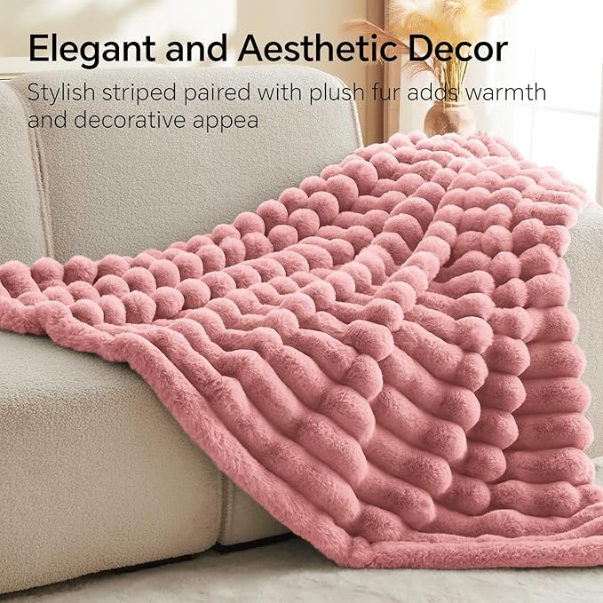BEDELITE Faux Fur Throw Blanket for Couch, Soft and Cozy Luxurious 3D Striped Pink Fluffy Blanket, 770GSM Thick Warm Plush Fuzzy Faux Rabbit Fur Blanket for Women Gift, 50"x 60"