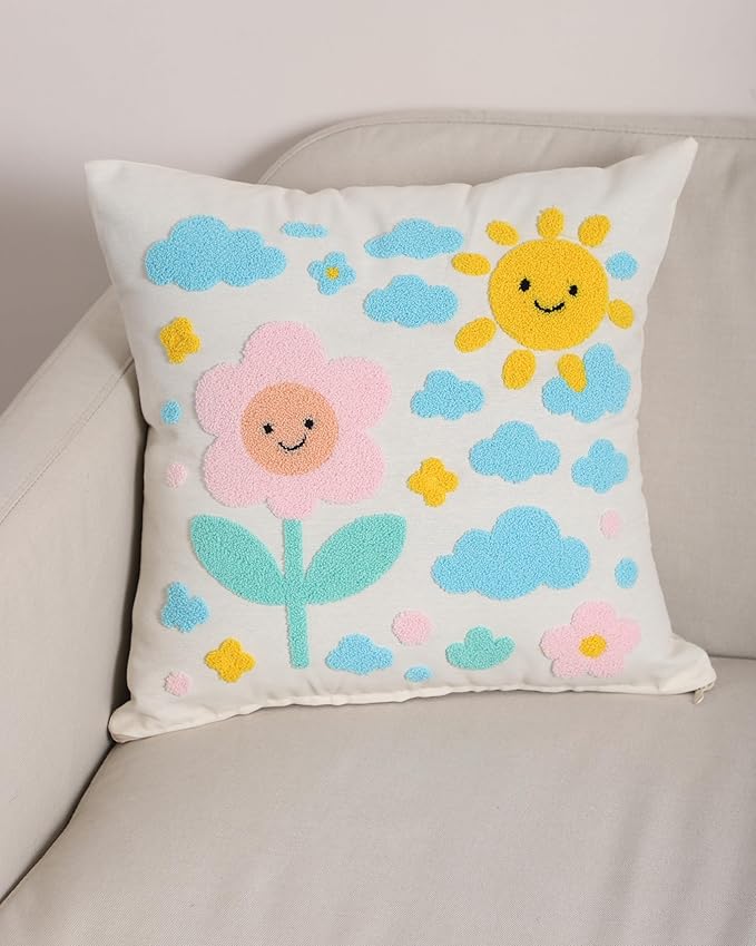 katre home madame & textile Throw Pillow Cover – Sun & Cloud Punch Needle Cushion 18x18 inch – Handmade Embroidered Boho Cotton Pillow for Couch, Bed or Nursery Room Decor