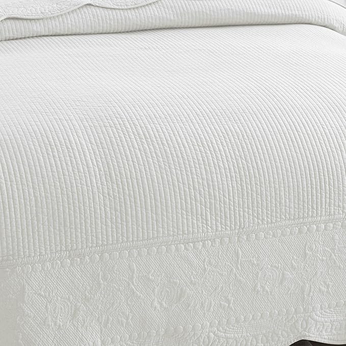 MarCielo 3-Piece 100% Cotton Oversized Bedspread Lightweight Quilt Coverlet Embroidery Farmhouse Bedding Set (TG Bright White, Oversized Queen (100"x106"))