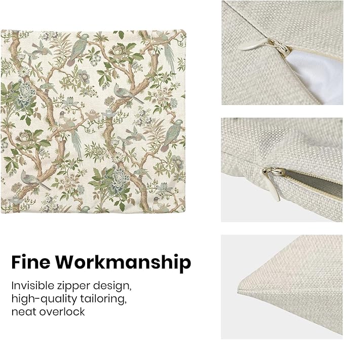 CXMEIFLY Chinoiserie Spring Pillow Covers 18 x 18 Inch Set of 2 for Sage Green Blue Vintage Flowers Bird Decor Throw Pillows Plant Farmhouse Outdoor Decorative Cushion Cases for Couch Bed Decorations