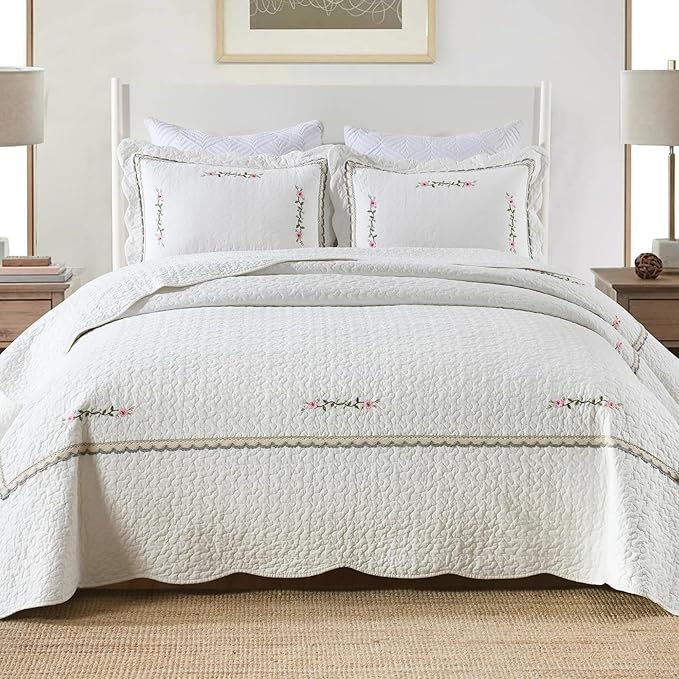 MarCielo 3-Piece 100% Cotton Oversized Bedspread Lightweight Quilt Coverlet Embroidery Farmhouse Bedding Set (Sakura White, Oversized King (118"x106"))