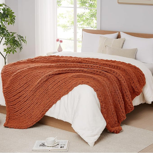 L'AGRATY Chunky Knit Blanket Throw: 60''x80'' Chenille Chunky Knitted Throw Blanket for Bed Couch - Handmade Thick Big Cable Knit Blanket - Large Crochet Rope Blanket for Home Decor(Rusty Orange)