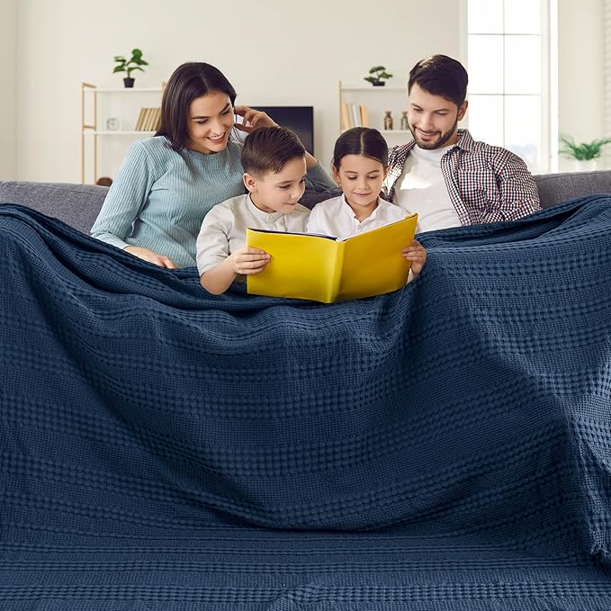PHF Cooling Waffle Blanket California King Size, Lightweight 60% Rayon Derived from Bamboo & 40% Cotton Breathable Blanket for Hot Sleepers, Soft and Luxury for Bed Couch and Sofa, 110"x96", Navy Blue