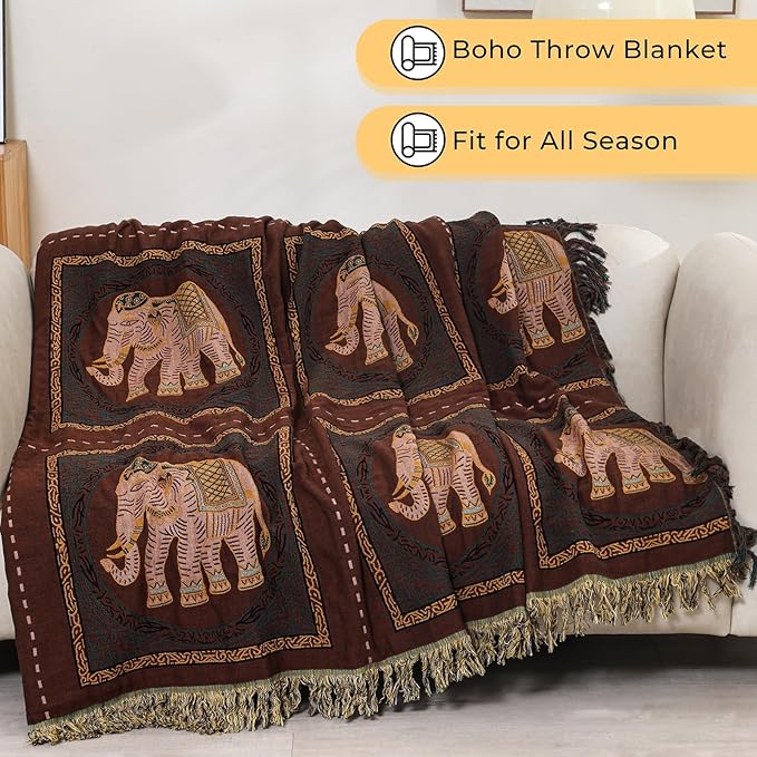 Boho Throw Blanket for Bed with Tassels,100% Cotton Ultra Soft and Cozy Large Blanket Elephant Printed Farmhouse Decor Bed Blankets,80"×90" All Season Rustic Throw for Sofa Couch Chair-Brown