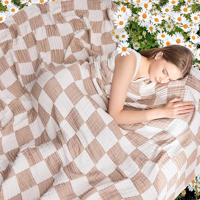 EMME Checkered Cotton Blanket Twin Large 60"x80" 100% Muslin for Couch Breathable Cooling Gauze All Season Soft and Lightweight Pre-Washed (Light Tan)