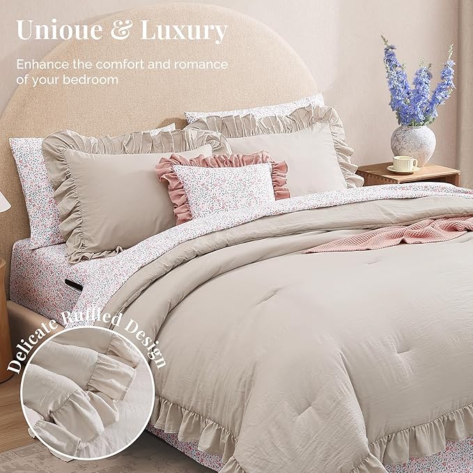 Queen Comforter Set - 7 Pieces Ruffle Beige Bedding Sets, Shabby Chic Farmhouse Bed in a Bag Queen with Ruffle Comforter, Floral Sheets, Pillowcases & Shams
