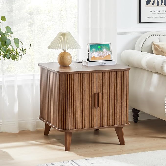 AVZEAR 24" Large Square End Table with Charging Station, Farmhouse Fluted Sofa Side Table with Sliding Tambour Door & Storage, Curved Rustic Wood Nightstand for Living Room, Bedroom, Walnut