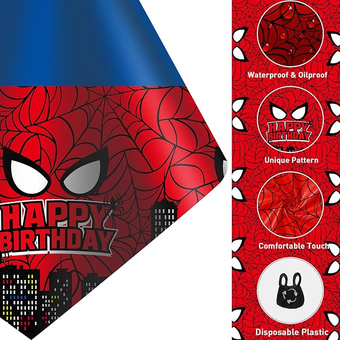 8Pcs 2in1 Spider Birthday Decorations Tablecloths, 54" x 108" Super Hero Spider Table Cloth Disposable Rectangle Plastic Table Cover for Boys Birthday Party Supplies