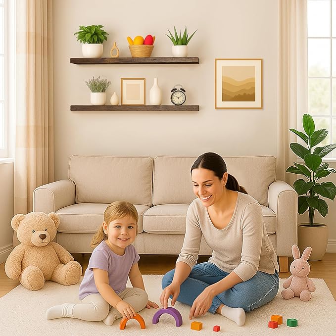 BGMG Floating Shelves 36 inch Long, Distressed,Wide Rustic Wooden Wall Shelves for Bathroom Living Room Bedroom Kitchen Farmhouse Set of 2-36x6.7x1.25 inch-Distressed Walnut