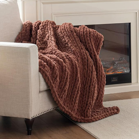 Chunky Knit Blanket Throw, 100% Hand Knit Throw Blanket Handmade Chenille Cable Knit Throw for Couch, Stylish Cozy Soft Rope Knot Crochet Blanket for Home Decor, Copper Brown, 40x50 Inches