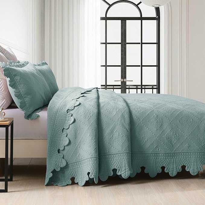 MarCielo 3-Piece 100% Cotton Oversized Bedspread Lightweight Quilt Coverlet Embroidery Farmhouse Bedding Set (Tk Aqua Green, Oversized Queen (100"x106"))