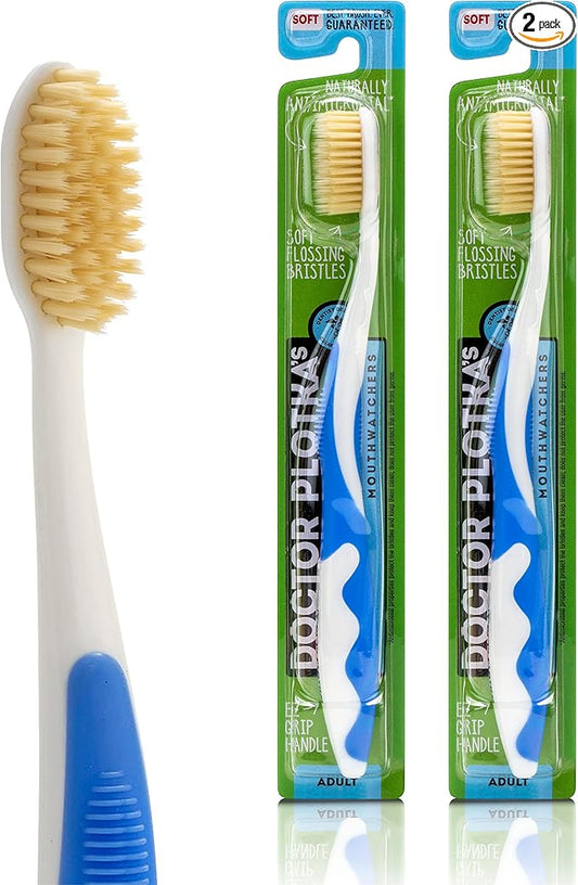 MOUTHWATCHERS Soft Flossing Manual Toothbrush for Adults, 2 Pack, Blue, Ultra Clean, Good for Sensitive Teeth and Gums, by Dr. Plotka's