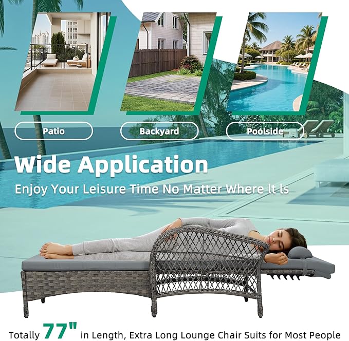 VIVIJASON Outdoor Wicker Chaise Lounge Chair Set of 2, All-Weather PE Rattan Cushioned Patio Lounger Chairs, 6-Position Adjustable Outside Pool Sunbathing Recliner with Armrest & Pillow, Gray