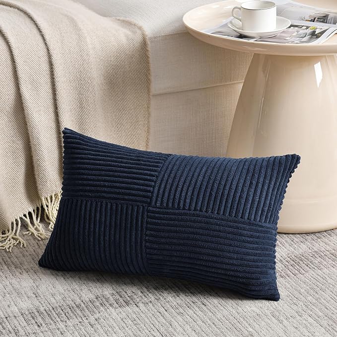 Fancy Homi 2 Packs Navy Blue Lumbar Decorative Throw Pillow Covers 12x20 Inch for Living Room Couch, Rustic Farmhouse Boho Home Decor, Soft Striped Corduroy Rectangle Accent Cushion Case 30x50 cm