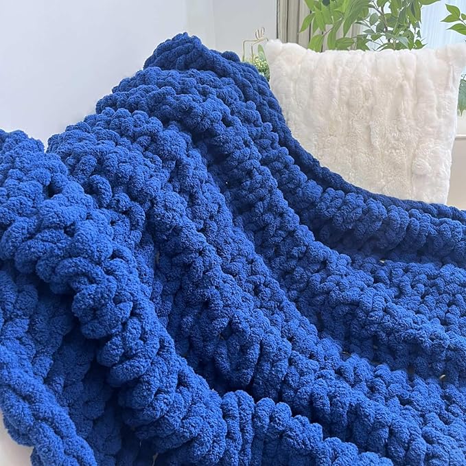 Chunky Knit Blanket Throw 40"x40", Chenille Throw Blankets, Handmade Warm & Cozy Blanket Couch Bed Home Decor, Soft Breathable Fleece Banket, Christmas for Couch Bed Sofa Best Gift (Navy Blue)