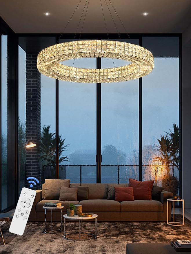 Dia 40" Modern Chandelier Ring Crystal Chandelier Adjustable Height Luxury Crystal Pendant Ceiling Light Fixture for Dining Living Room Bedroom