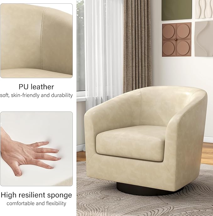 Swivel Barrel Accent Chair, Modern Round Faux Leather Arm Chair for Living Room, Bedroom, Comfy Club Reading Chairs for Adults(Faux Leather, Cream, Set of 4)
