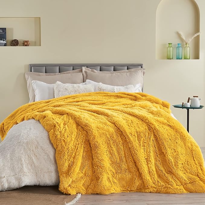 GONAAP Fuzzy Faux Fur Throw Blanket Twin Size Mustard Yellow Super Soft Cozy Plush Fuzzy Shaggy Blanket for Couch Sofa Bed (Mustard Yellow, Twin(60"x80"))