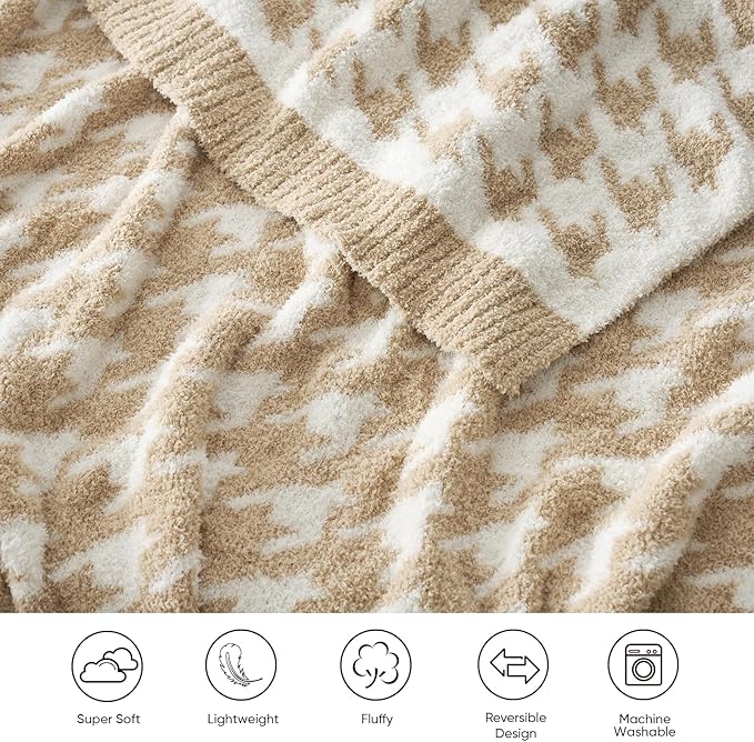 Snuggle Sac Throw Blanket for Couch, Reversible Super Soft Warm Blankets Cozy Knit Fuzzy Plush Lightweight Throws for Sofa, Bed, Camping,Houndstooth Beige,50x60 inches