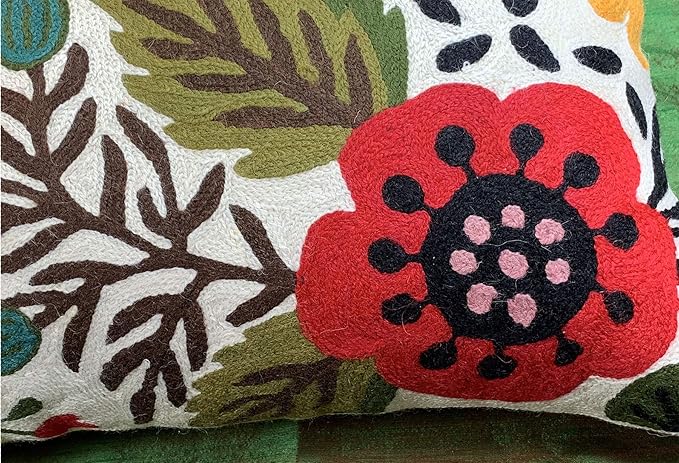 Lumbar Cream Suzani Cushions - Boho Floral Throw Pillows | Outdoor Pillows & Chair Cushions - Hand Embroidered Wool Size - 14x20