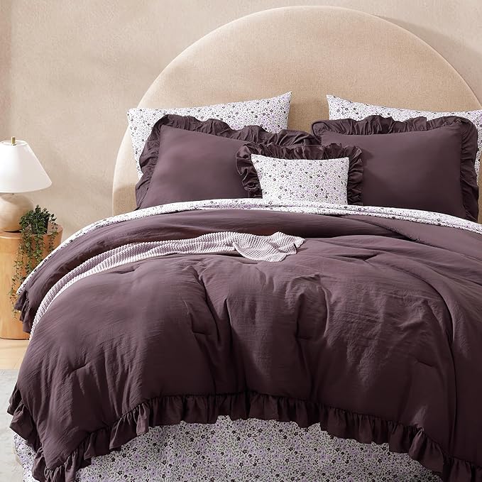 King Comforter Set - 7 Pieces Ruffle Purple Bedding Sets, Shabby Chic Farmhouse Bed in a Bag King with Ruffle Comforter, Floral Sheets, Pillowcases & Shams