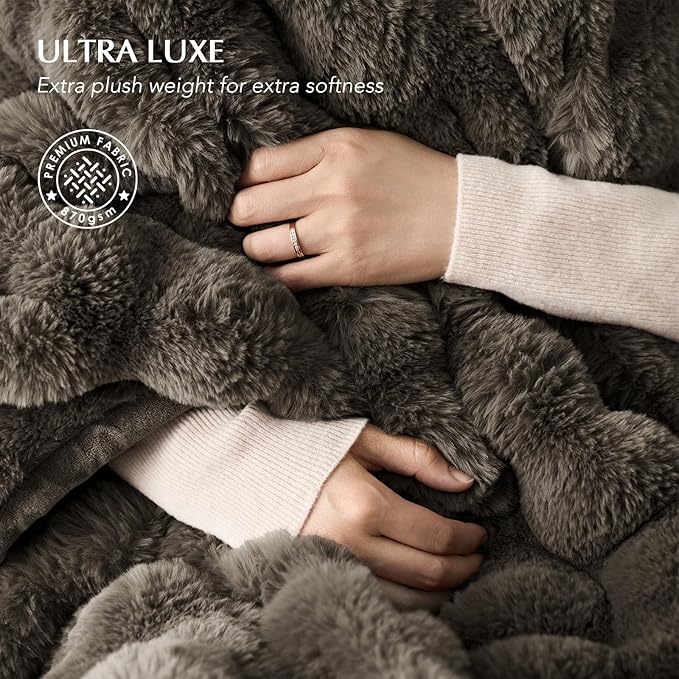 EVERGRACE Ultra Soft Luxury Fluffy Faux Rabbit Fur Throw Blanket, Thick Warm Fuzzy Blankets for Bed, Cozy Plush Reversible Blanket for Couch, Chair, Sofa, Dark Taupe, 50x60 Inches, 870 GSM