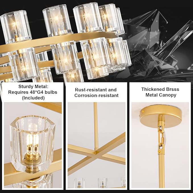 Modern 48 inch Gold Round Chandelier Light Fixture,Crystal Chandeliers for Dining Room,Living Room, Wagon Wheel Chandelier Over Table, Chandeliers for Bedroom,Foyer,G4 Bulbs Included
