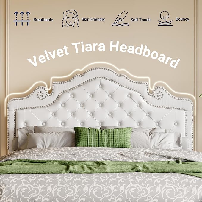 Allewie Full Size Bed Frame with Adjustable Velvet Tiara Headboard, Upholstered Diamond Button Tufted Platform Bed, Wood Slats Support, No Box Spring Needed, White