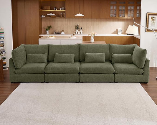 Oversized Modular Sofa, Extra Deep Cloud Chenille Sectional Couch with Ottoman Chaise, Fluffy Chenille 4 Seater Sofa for Living Room, Villa (Basic 4 Seater, Chenille Green)